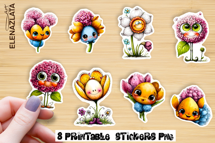 Watercolor funny Flowers Sticker, big eyes