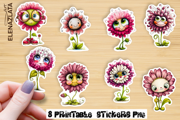 Watercolor funny Flowers Sticker, big eyes example image 1