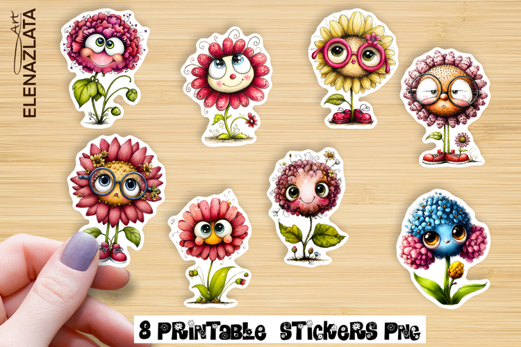 Watercolor funny Flowers Sticker, big eyes example image 1