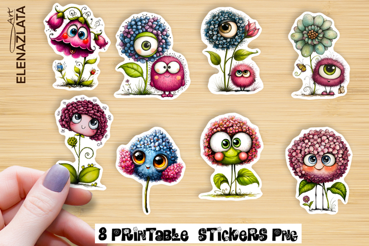 Watercolor funny Flowers Sticker, big eyes example image 1