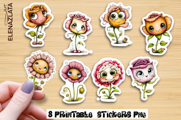 Watercolor funny Flowers Sticker, big eyes