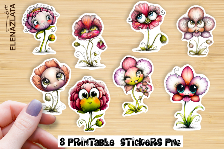 Watercolor funny Flowers Sticker, big eyes