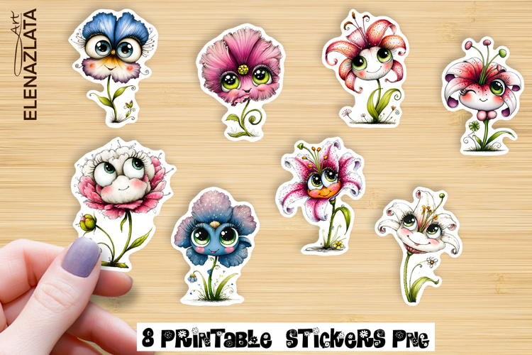 Watercolor funny Flowers Sticker, big eyes