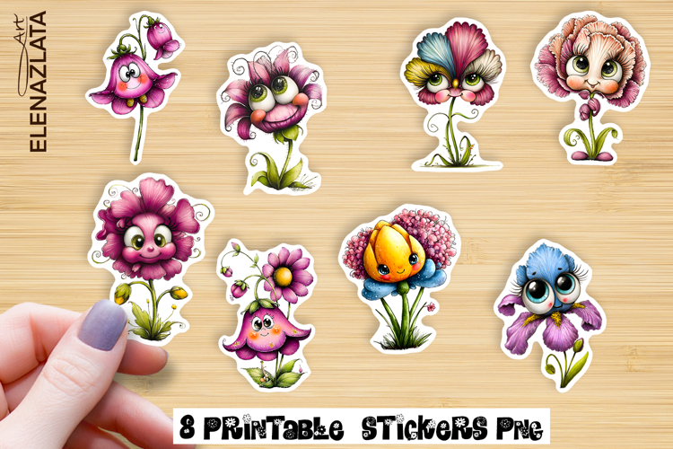 Watercolor funny Flowers Sticker, big eyes example image 1