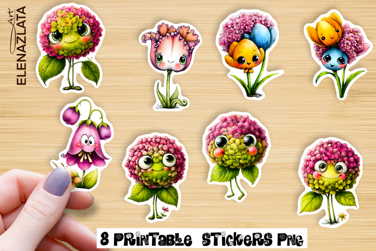 Watercolor funny Flowers Sticker, big eyes example image 1