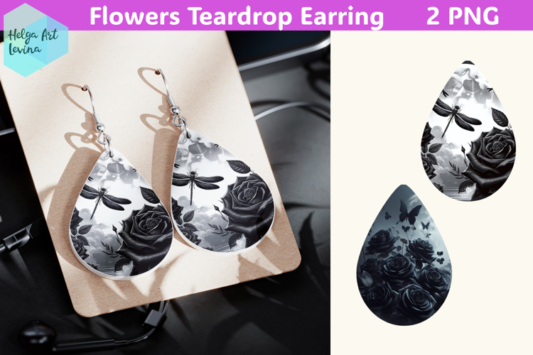 Teardrop Earring | Black flowers Sublimation