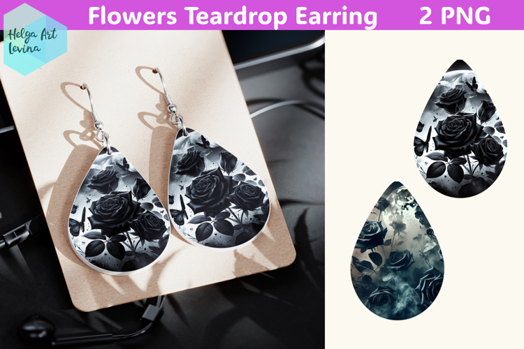 Teardrop Earring | Black flowers Sublimation