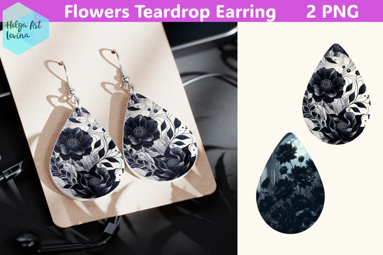 Teardrop Earring | Black flowers Sublimation