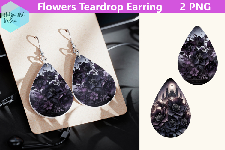 Teardrop Earring | Black flowers Sublimation