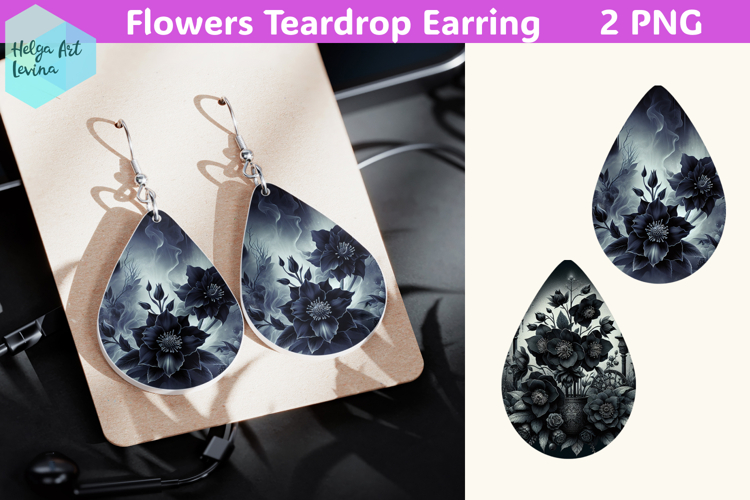 Teardrop Earring | Black flowers Sublimation
