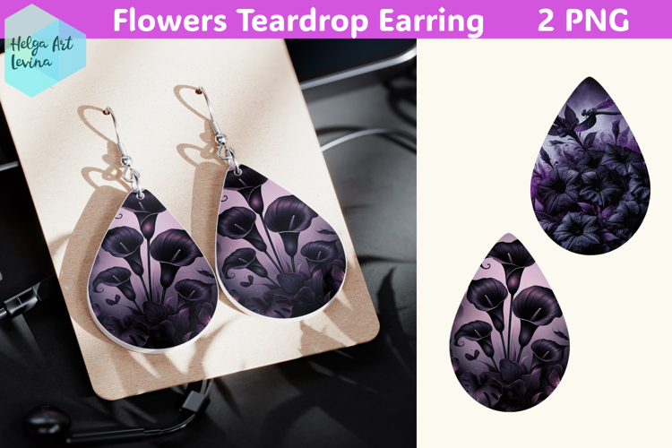 Teardrop Earring | Black flowers Sublimation