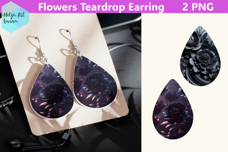 Teardrop Earring | Black flowers Sublimation