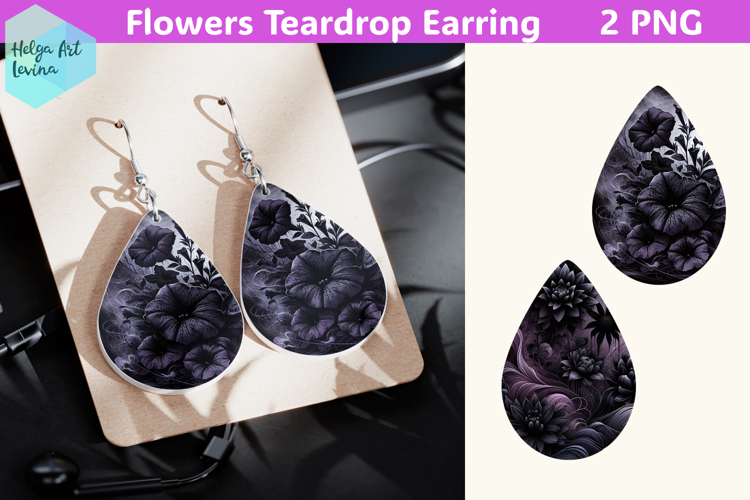 Teardrop Earring | Black flowers Sublimation