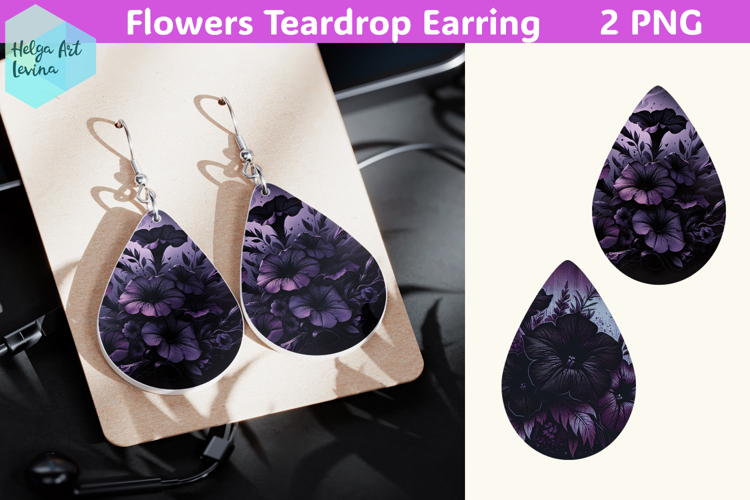 Teardrop Earring | Black flowers Sublimation