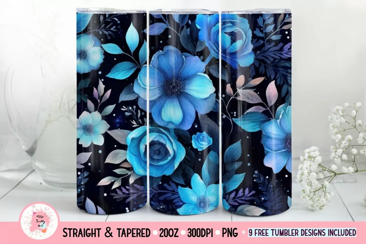 Flowers Tumbler Wrap | Watercolor Blue Tumbler Wrap