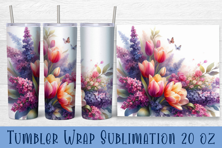 Watercolour Flowers Tumbler Wrap, Syringa and tulip Flowers