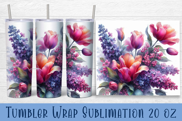 Watercolour Flowers Tumbler Wrap, Syringa and tulip Flowers