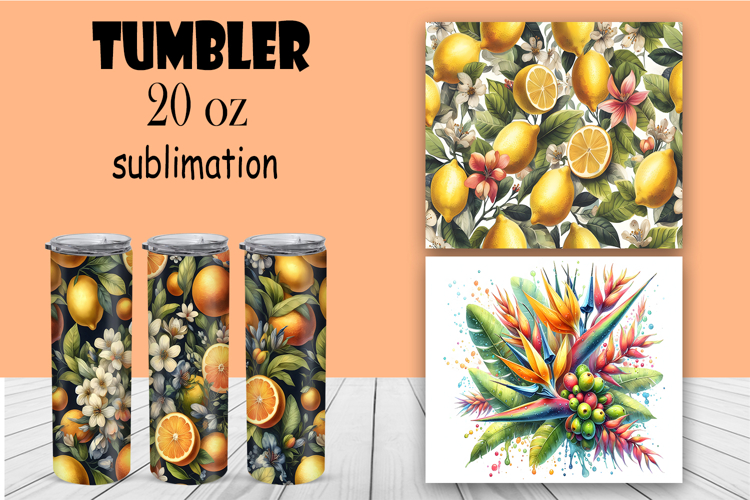 Watercolor flowers in a glass wrapper, flowers and fruits
