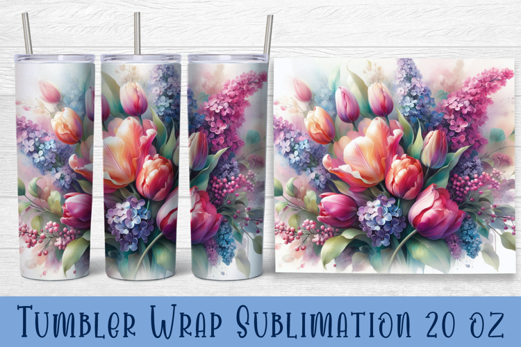 Watercolour Flowers Tumbler Wrap, Syringa and tulip Flowers