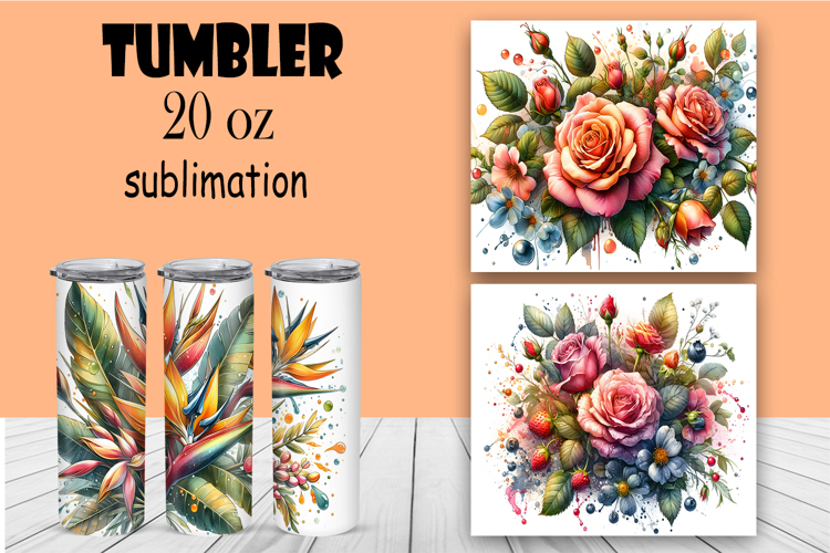 Watercolor flowers, tropical, roses tumbler
