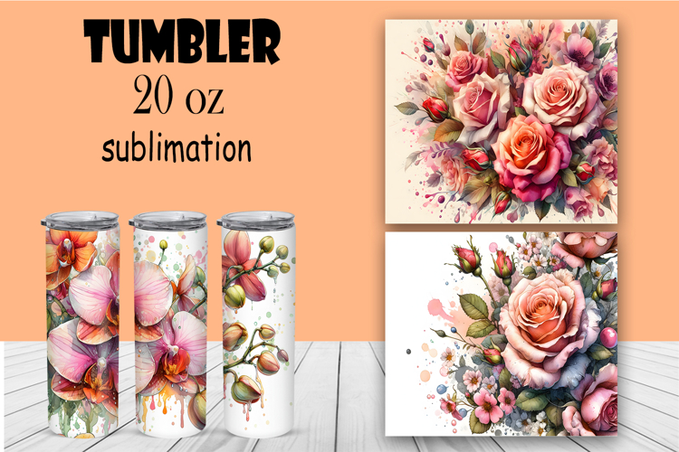 Watercolor flowers, tropical, roses tumbler