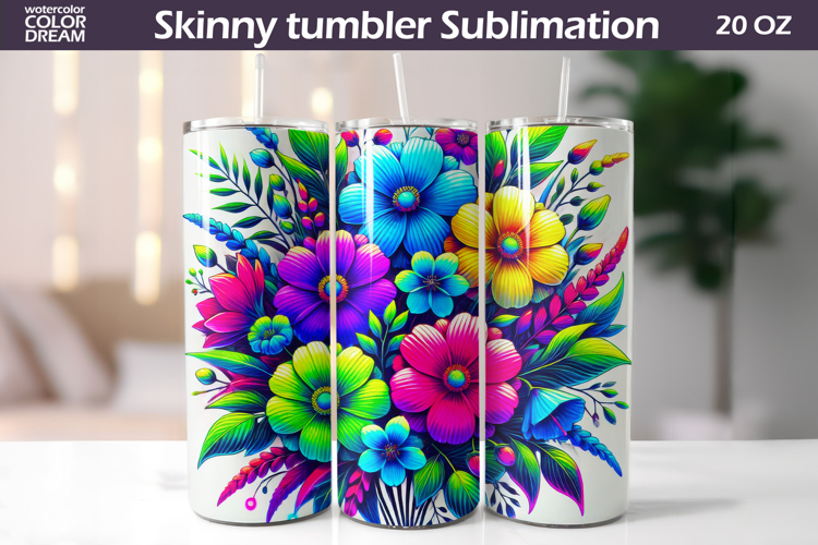 Wildflowers Tumbler Wrap | Neon Floral Tumbler Sublimation example image 1