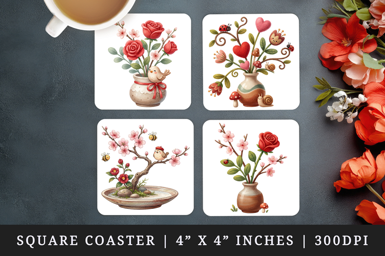 Flowers square coaster sublimation, coasters design