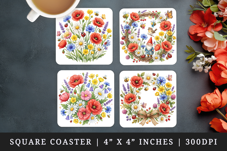 Flowers square coaster sublimation, coasters design