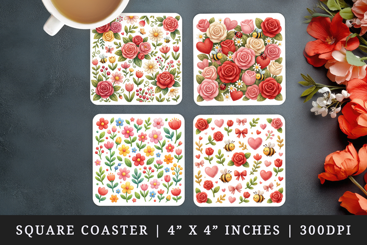 Flowers square coaster sublimation, coasters design