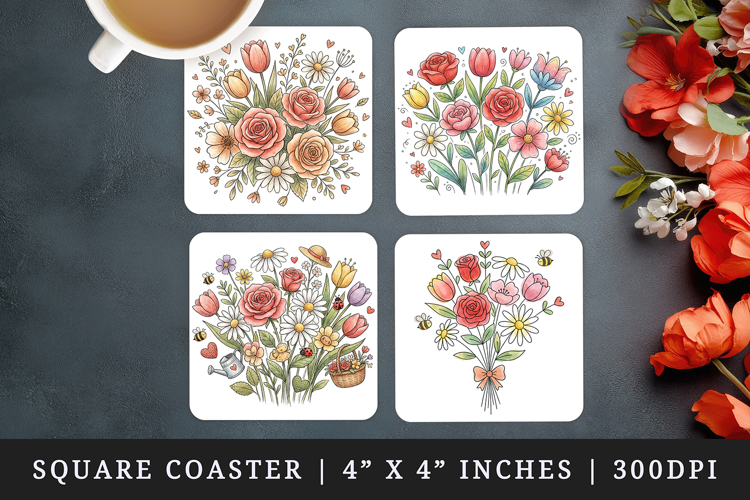 Flowers square coaster sublimation, coasters design