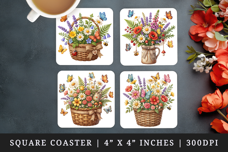 Flowers square coaster sublimation, coasters design