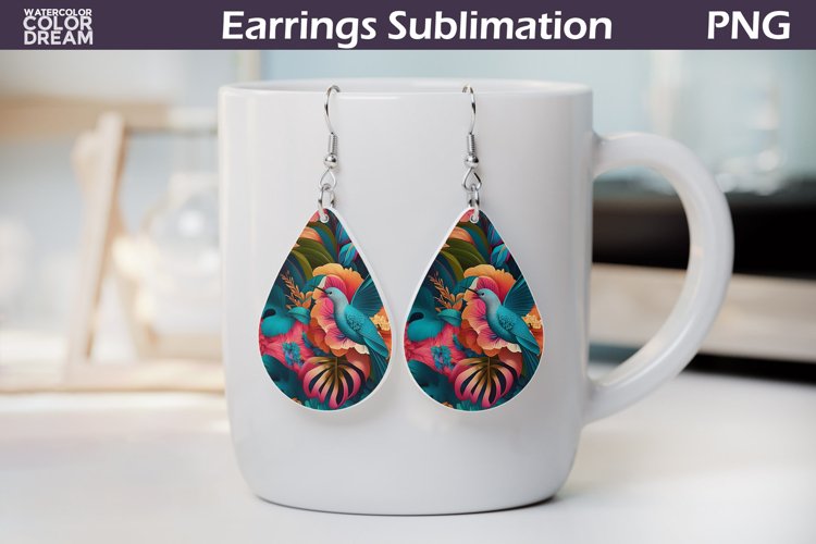 Hummingbird Teardrop Earrings | Floral Earrings Sublimation example image 1