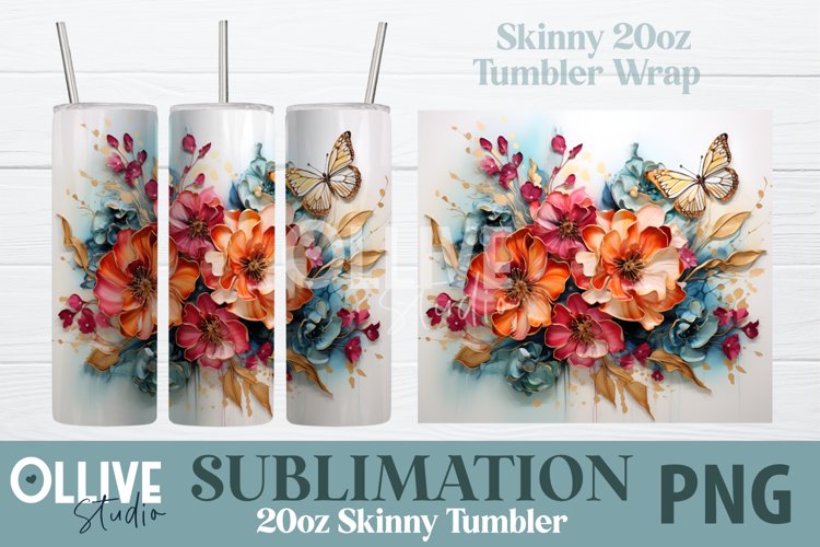 Sublimation Flowers Butterfly 20oz Tumbler Wrap PNG example image 1
