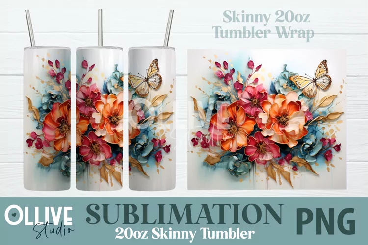 Sublimation Flowers Butterfly 20oz Tumbler Wrap PNG
