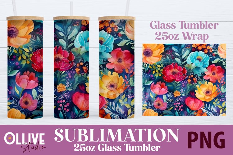 Flowers Watercolor 25oz Glass Tumbler Wrap Sublimation PNG