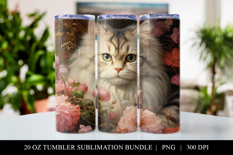 20 oz Floral Cat Skinny Tumbler Sublimation Design PNG