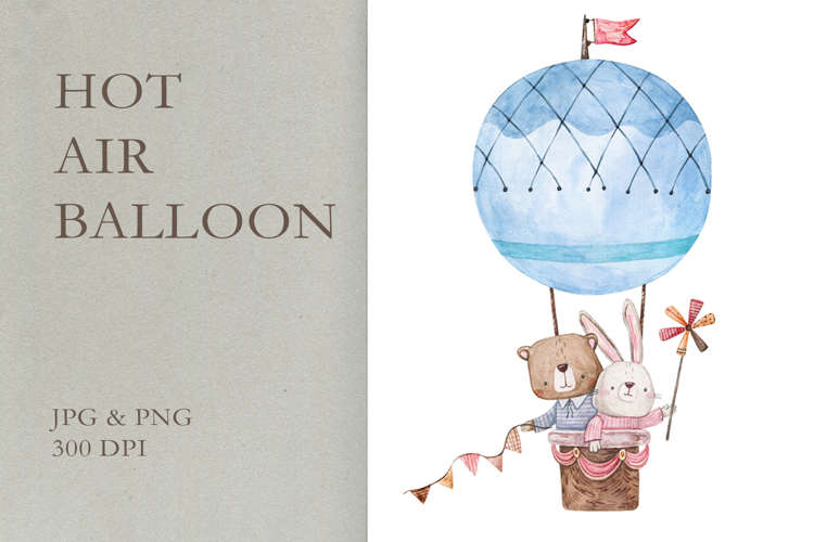 Watercolor Cute Bear and Rabbit Hot Air Balloon