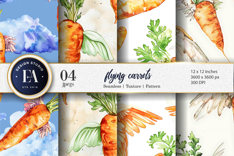 Flying Carrots Fantasy Watercolor Seamless Digital Paper