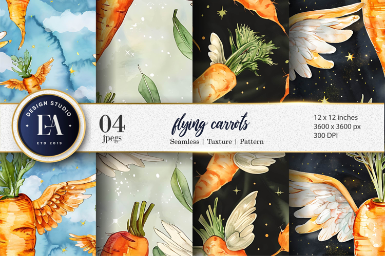 Flying Carrots Whimsical Watercolor Seamless Digital Paper