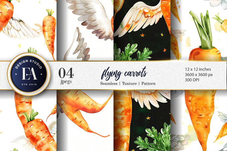 Flying Carrots Whimsical Watercolor Seamless Digital Paper