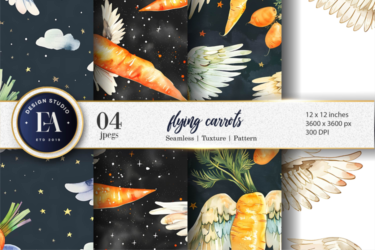 Flying Carrots Fantasy Watercolor Seamless Digital Paper