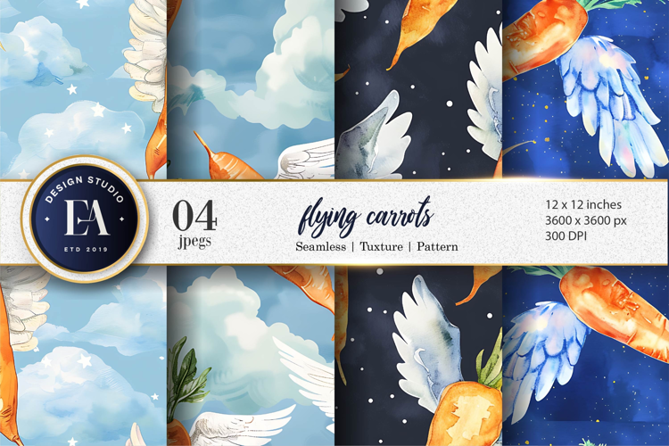Flying Carrots Fantasy Watercolor Seamless Digital Paper
