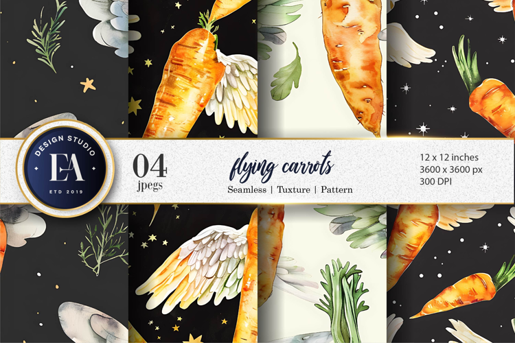 Flying Carrots Fantasy Watercolor Seamless Digital Paper