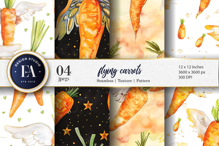 Flying Carrots Whimsical Watercolor Seamless Digital Paper