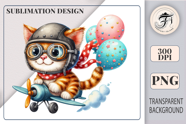 Birthday Kitten Pilot Sublimation PNG | Cute Cat Clipart