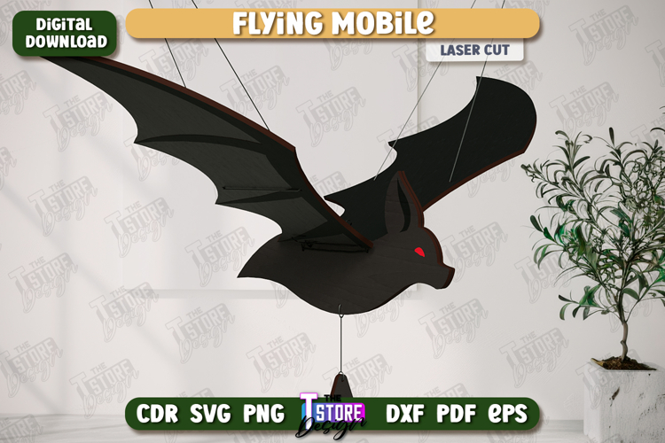 Flying Mobile Laser Cut Design, Wooden Flying Bat, Halloween