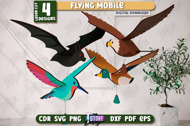 Wooden Flying Bird Mobile Laser Cut Bundle, Home Decor SVG