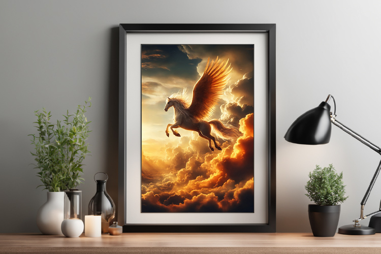 Flying pegasus in the clouds