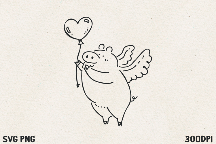 Flying Pig with Heart Balloon SVG PNG | Funny Valentine Pig