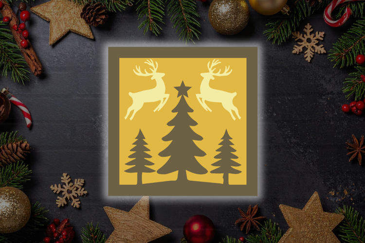 Flying Reindeers over Forest - Christmas Shadow Box